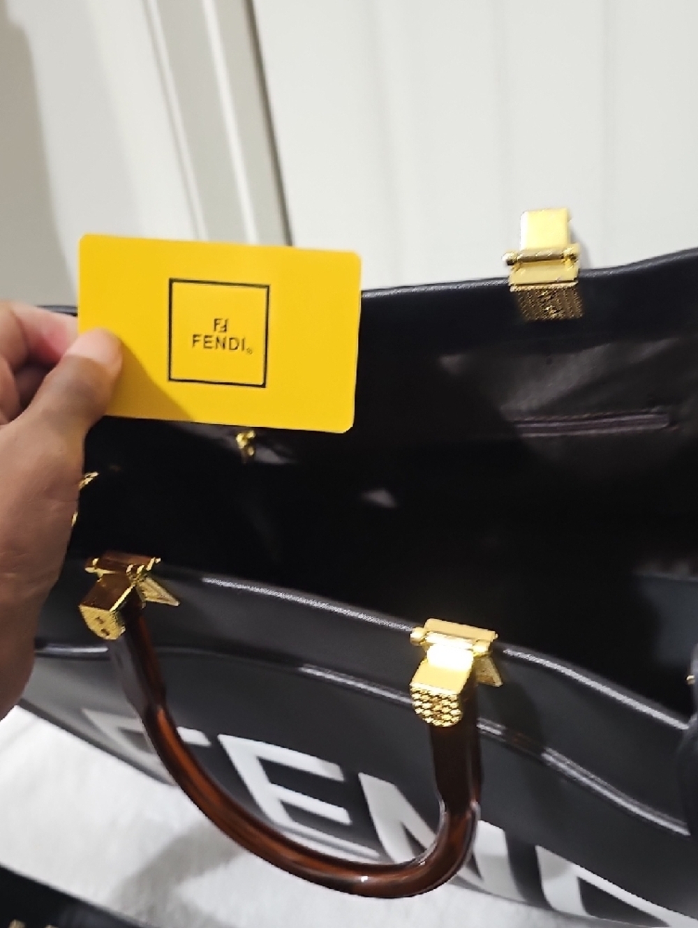 Fendi Black Leather Roma Logo Tote with Gold Accents - Picture 3 of 7